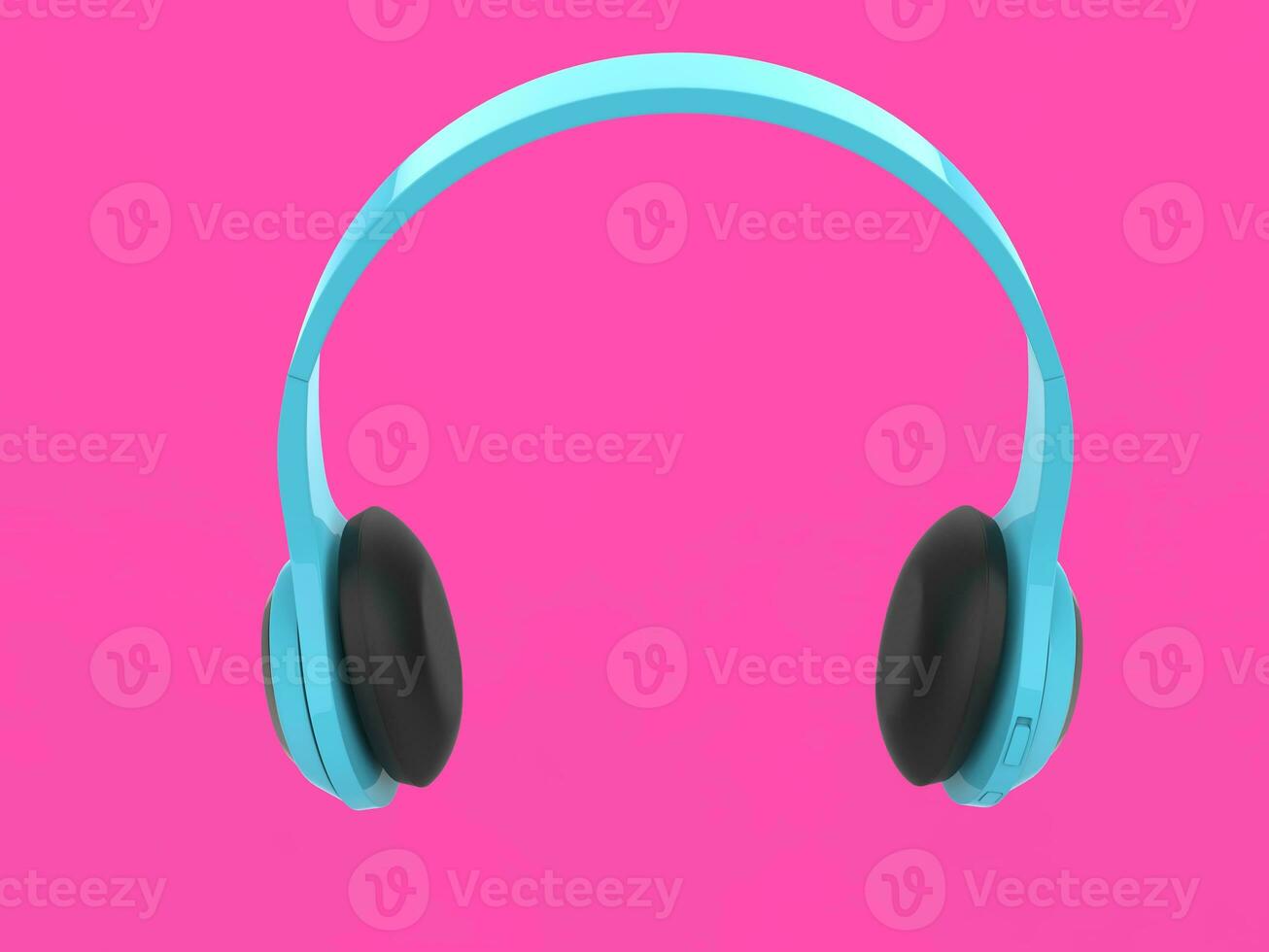 Modern light blue slim wireless headphones with silver details on pink background - front view photo