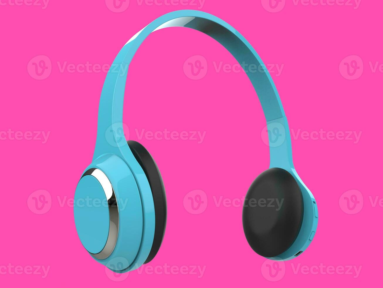 Modern light blue slim wireless headphones with silver details on pink background - side view photo