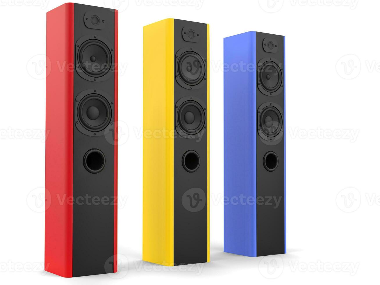 moderno Hola torre música Altavoces con rojo, amarillo y azul lado paneles - lado ver foto