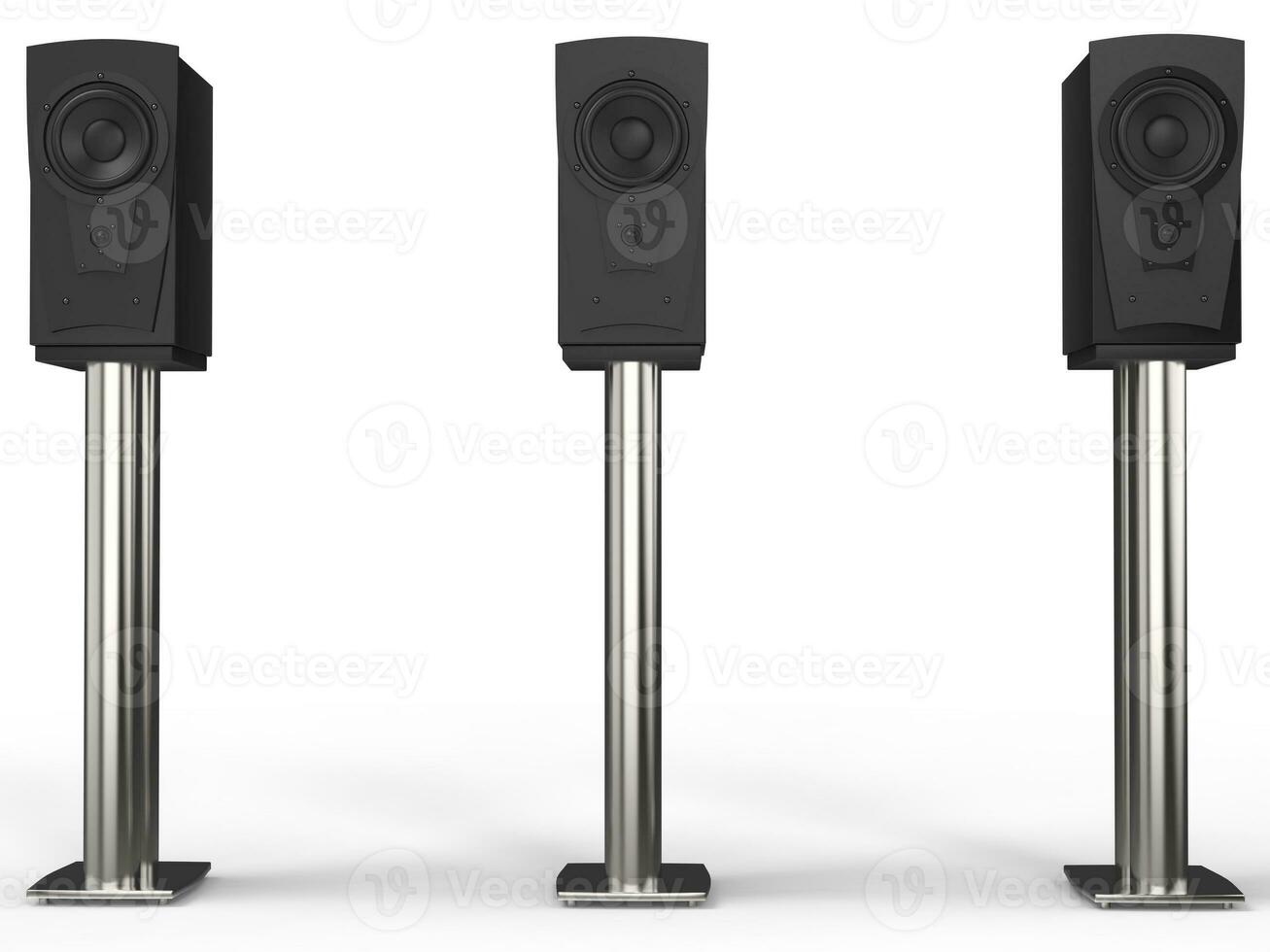 Three modern music speakers on chrome stands photo