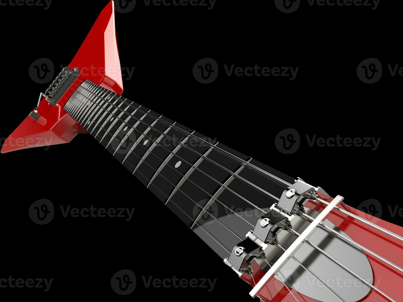 Scarlet red heavy metal electric guitar - closeup shot on the frets photo