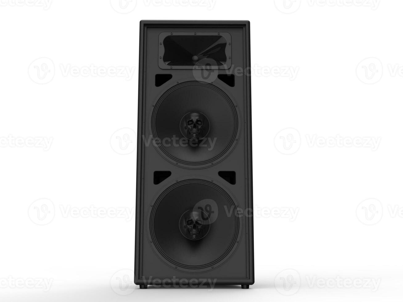 Big matte black concert music loudspeaker with skulls in the center of speakers photo