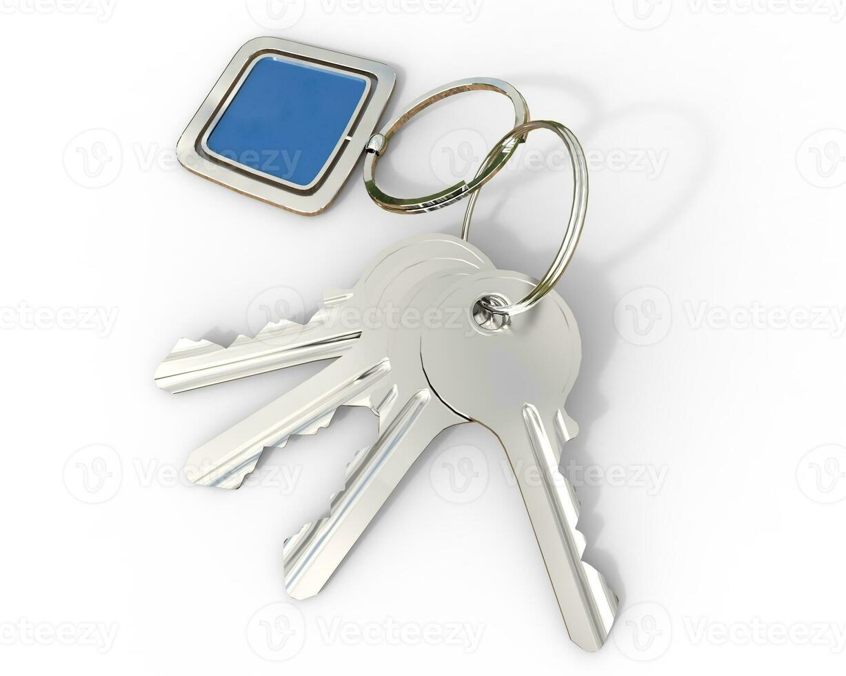Keys with blue pendant on white background, ideal for digital and print design. photo