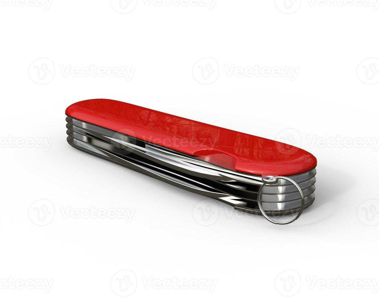 Red swiss army knife closed, on white background, ideal for digital and print design. photo