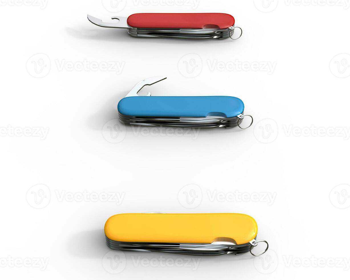 Red, blue, and yellow swiss army knifes on white background, ideal for digital and print design. photo