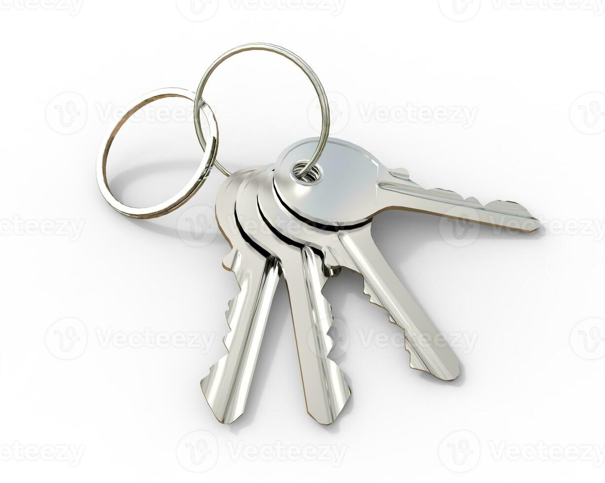 Set of keys on a keyring on white background, ideal for digital and print design. photo