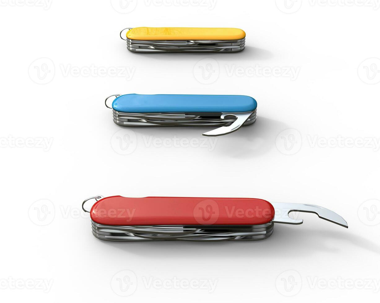 Red, blue, and yellow swiss army knifes on white background, ideal for digital and print design. photo