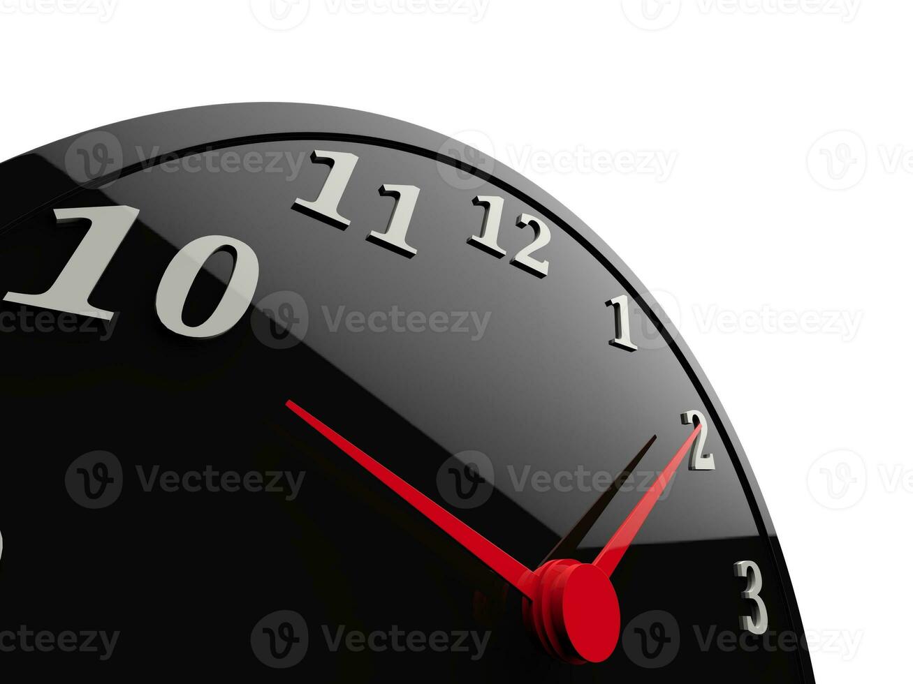 Classic black shiny clock with red dials and white numbers photo