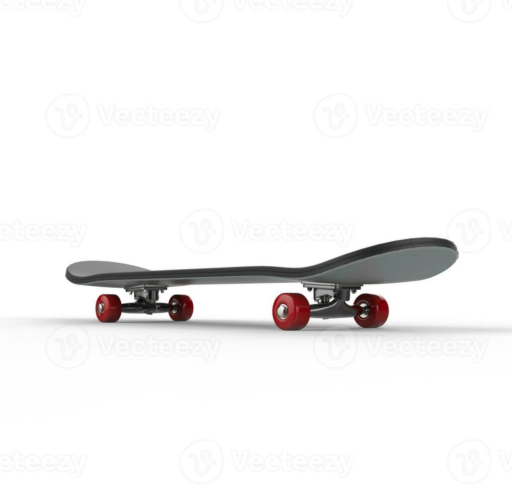 Black skateboard with red wheels - back view, on white background, ideal for digital and print design. photo