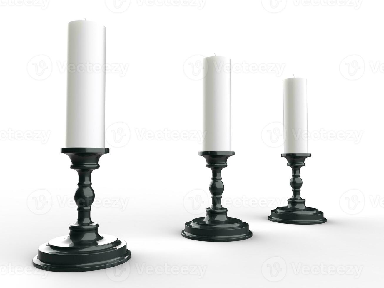 Three white wax candles on black shiny candle holders photo