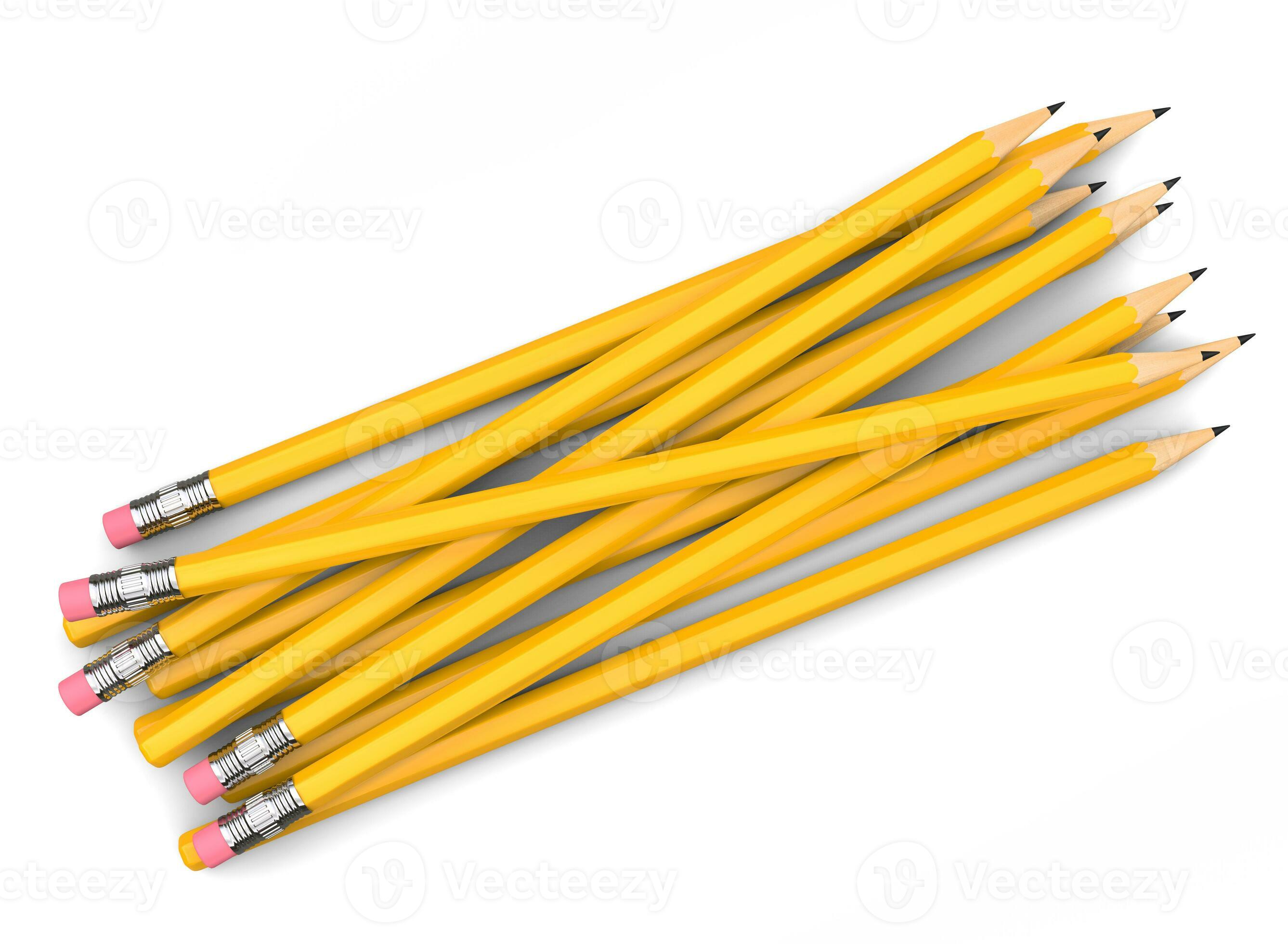 Bunch of yellow pencils, with and without erasers top down view