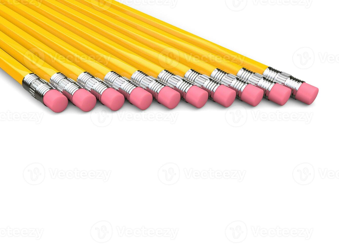 Eraser ends of yellow graphite pencils in a row photo