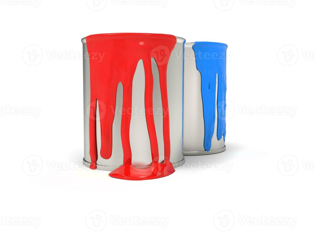 Red and blue paint leaking from metal paint cans photo