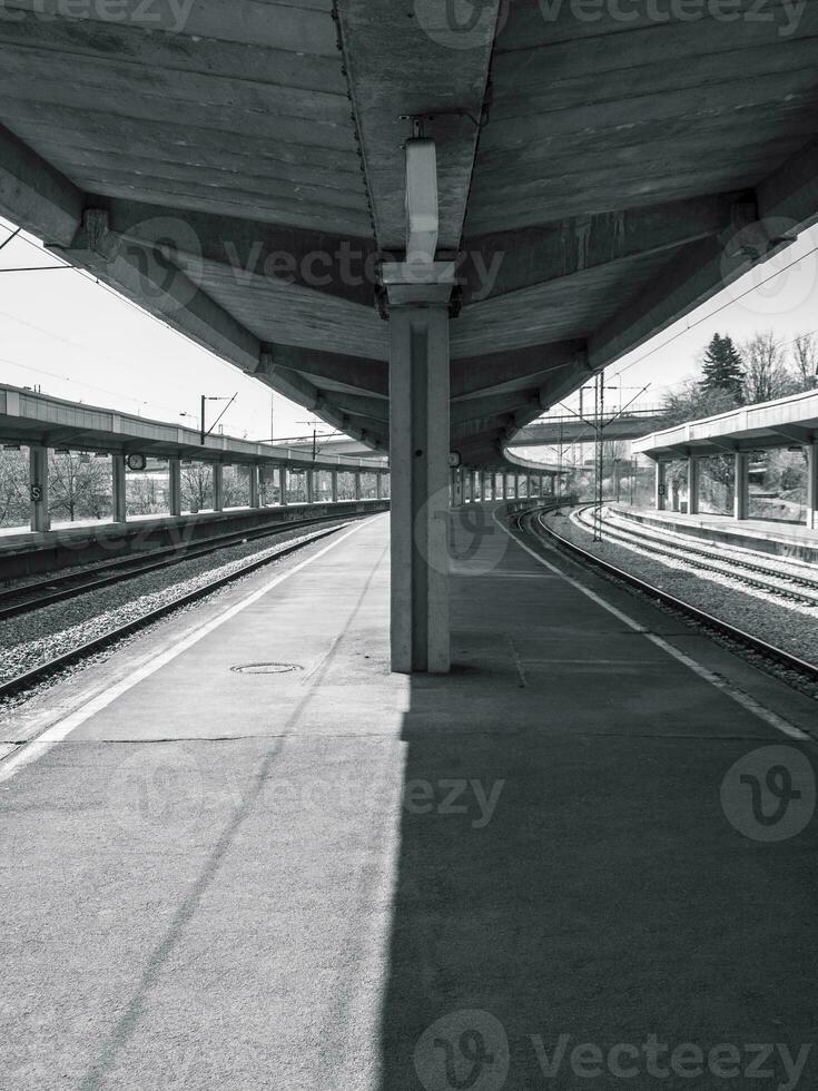 Black and white train station photo