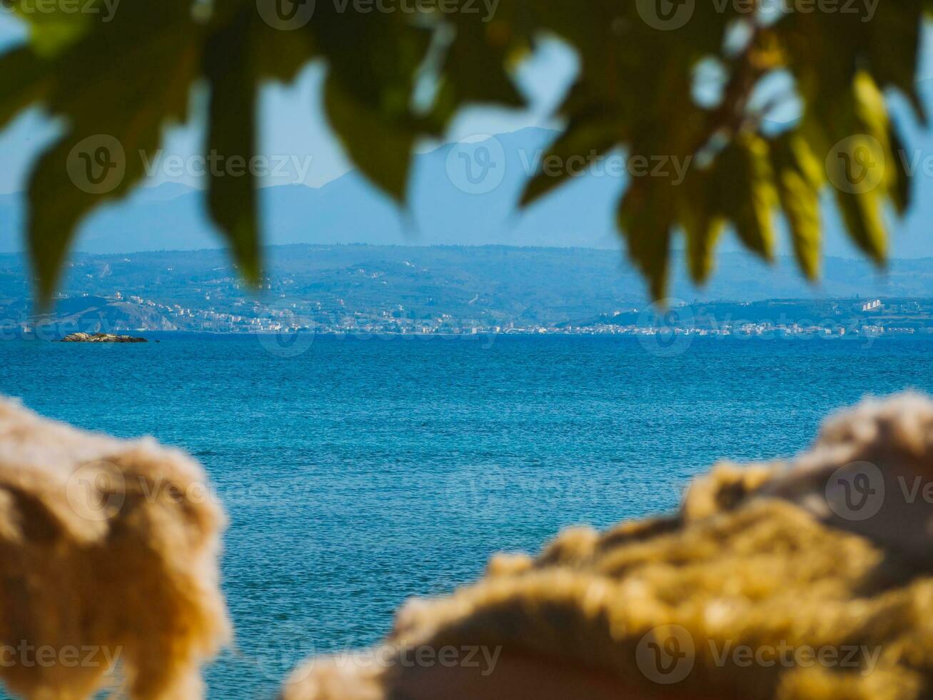 hermosa sealine visto mediante el palma arboles y playa chozas foto