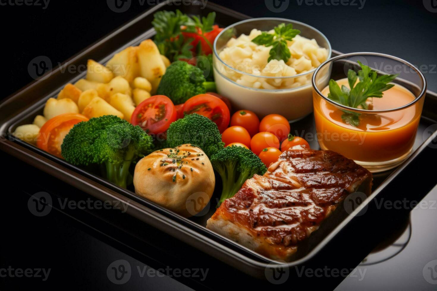 Diverse inflight meal options on a tray photo