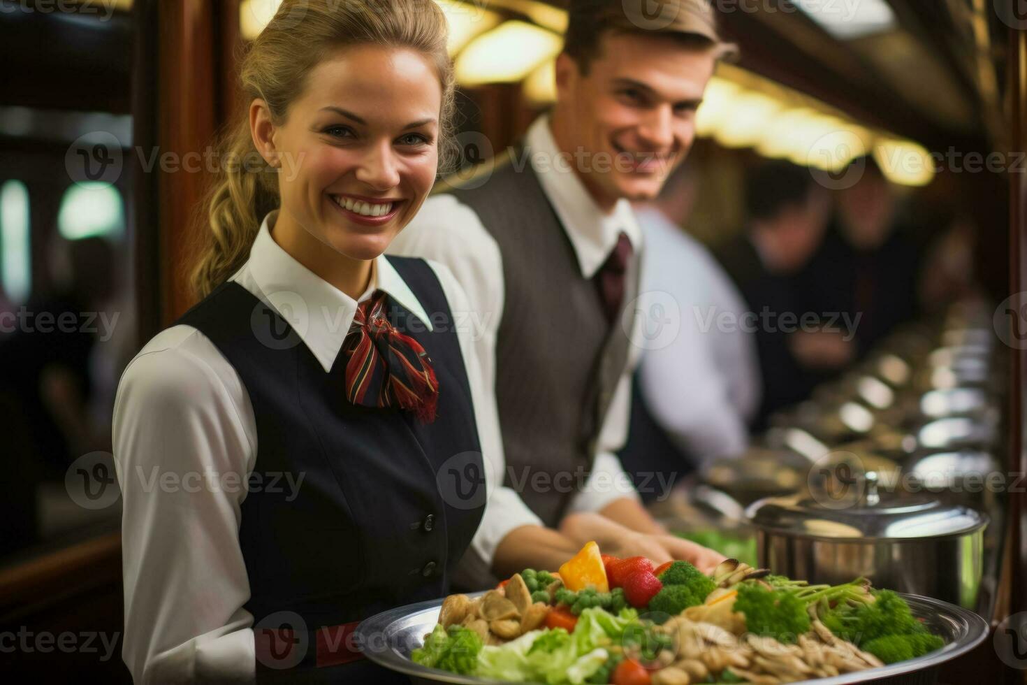 Passengers enjoying gourmet train cuisine photo