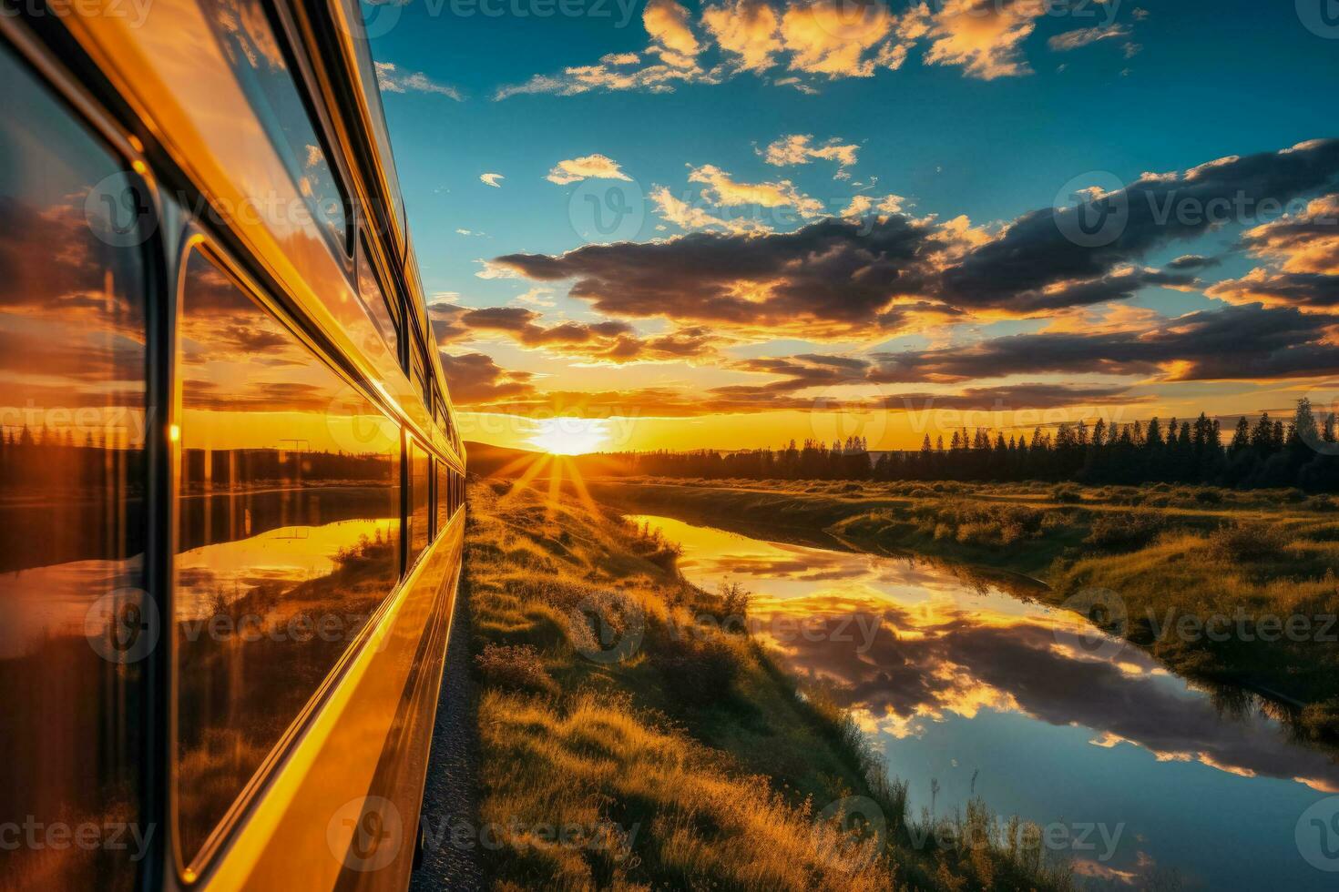 Sunset or sunrise views from a moving train photo