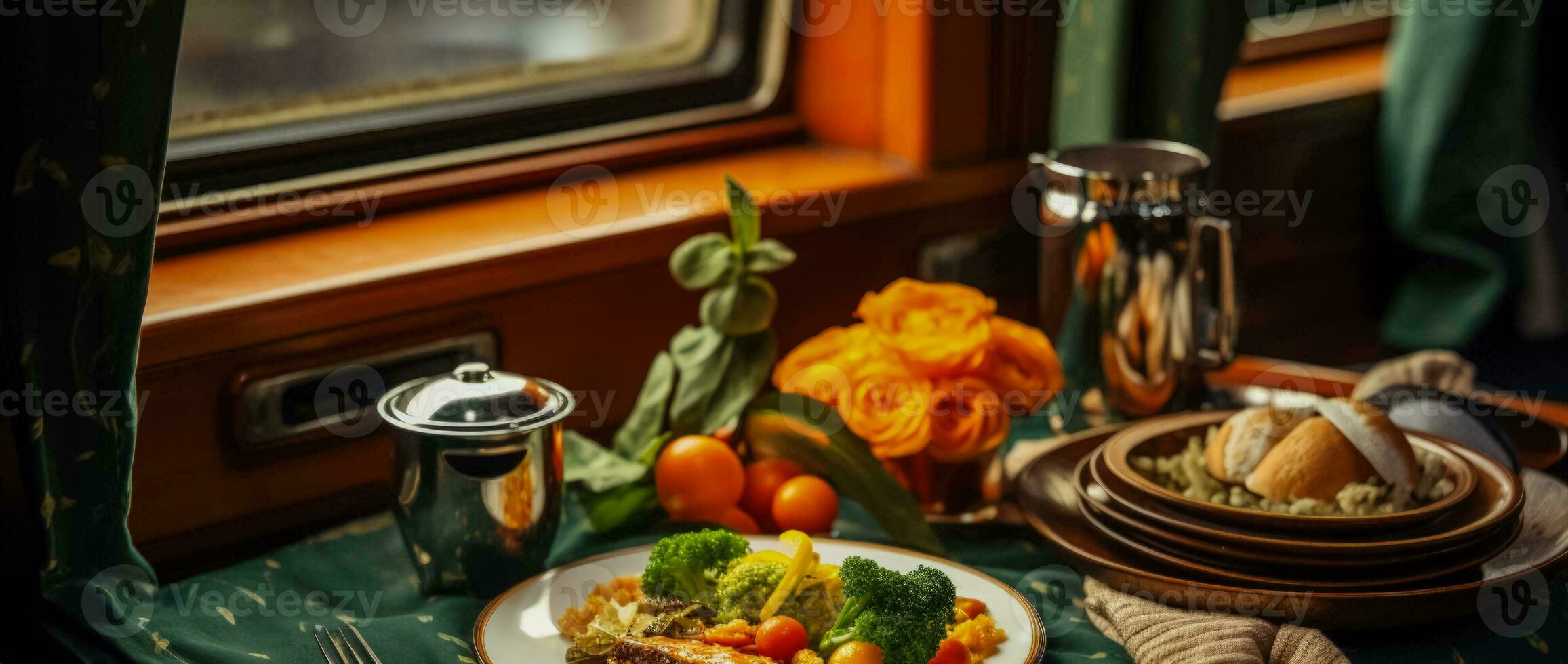 Delicious meals served in train dining cars photo