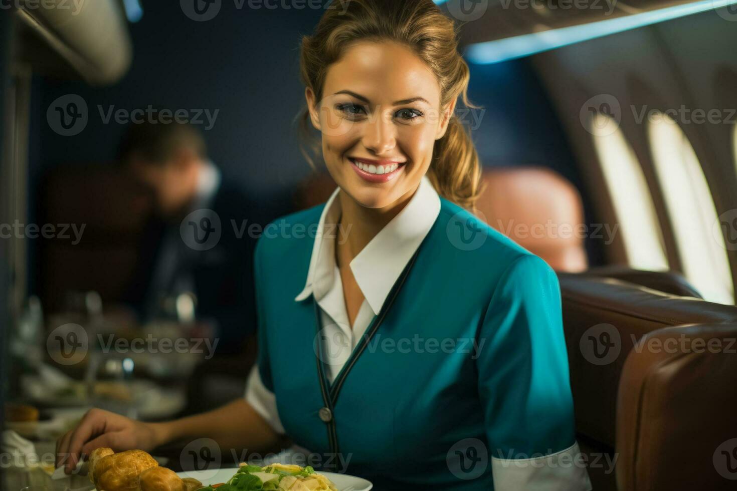 Flight attendant serving a meal on an airplane photo