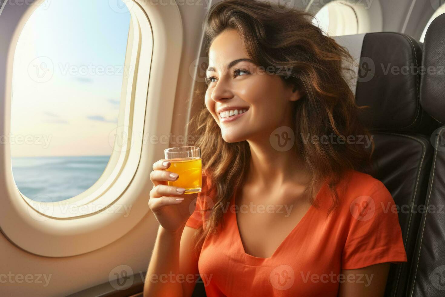 Passenger sipping a beverage in flight photo
