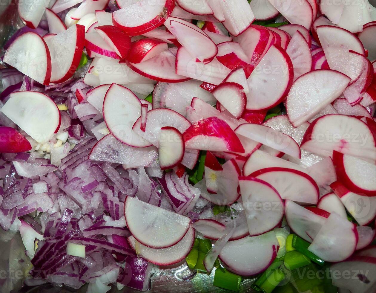 comida ingredientes - rábano, rojo cebollas y verde cebollas Cortado foto