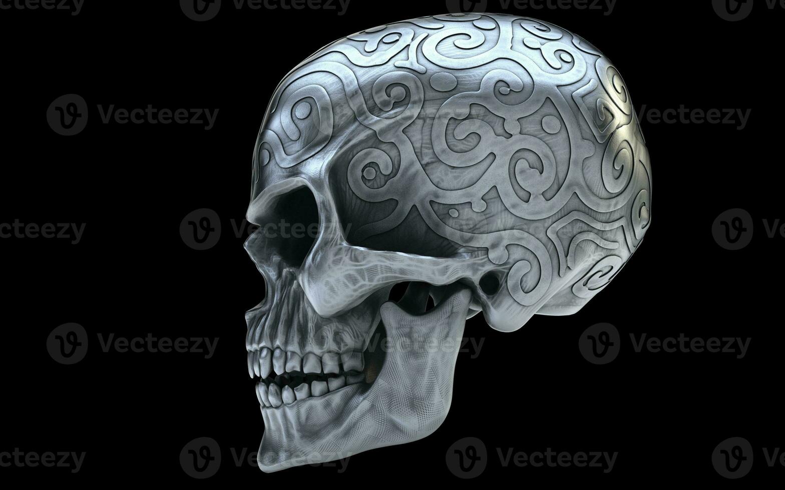 Ornamental dirty silver angry skull -  right side view photo