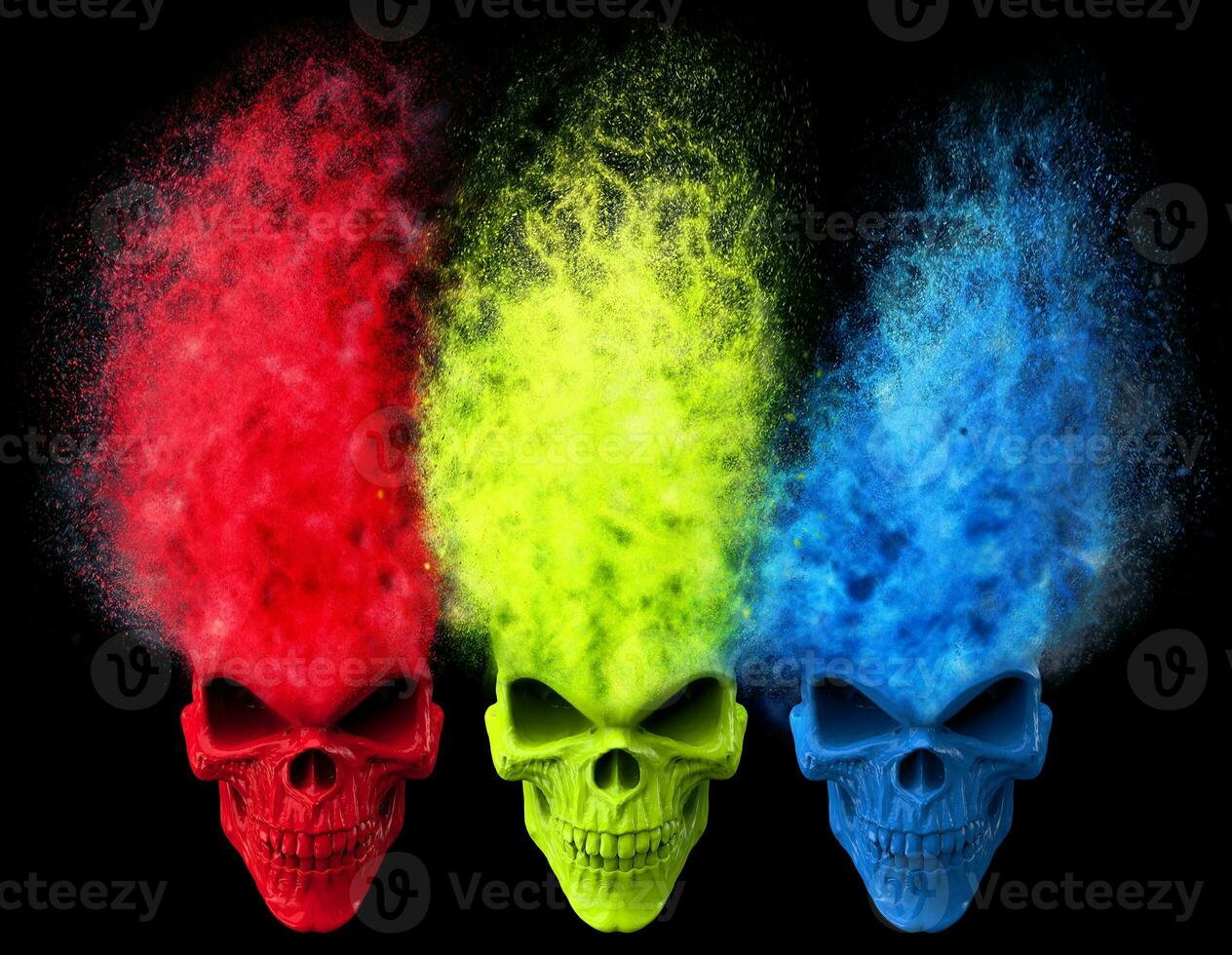 Angry skulls - red, green and blue - exploding into particles photo