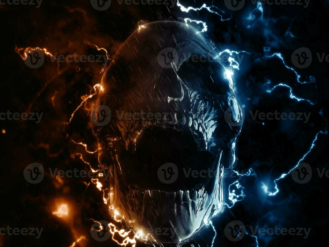 Screaming skull in lighting storm photo