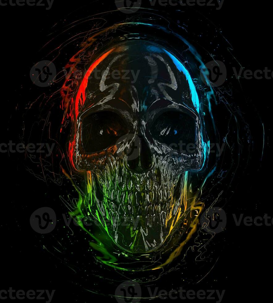 Dark shiny skull with bright colorful highlights photo