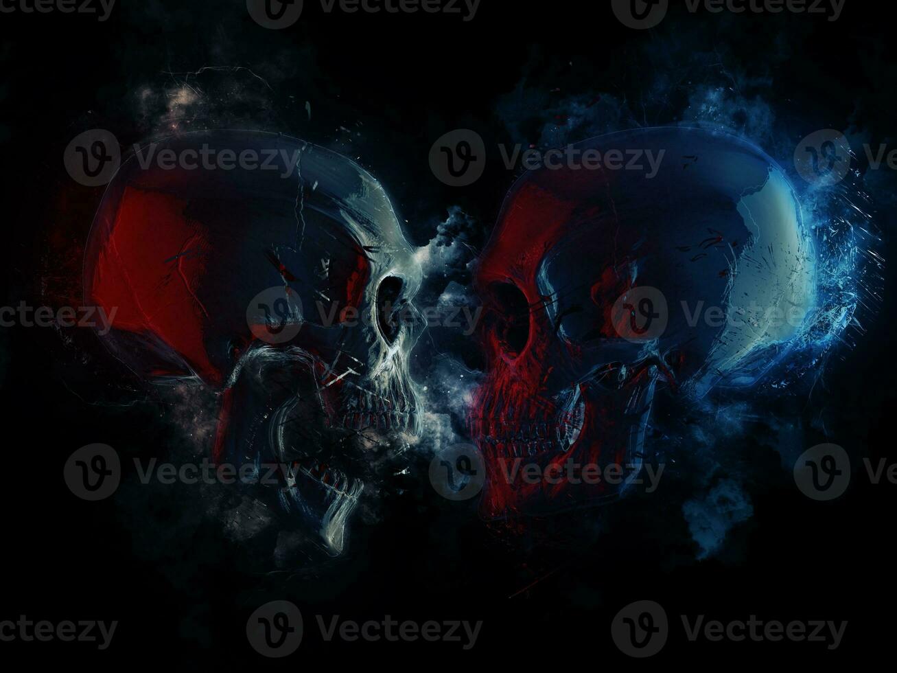 Dark skulls in blue and red lighting - cuts and clouds photo