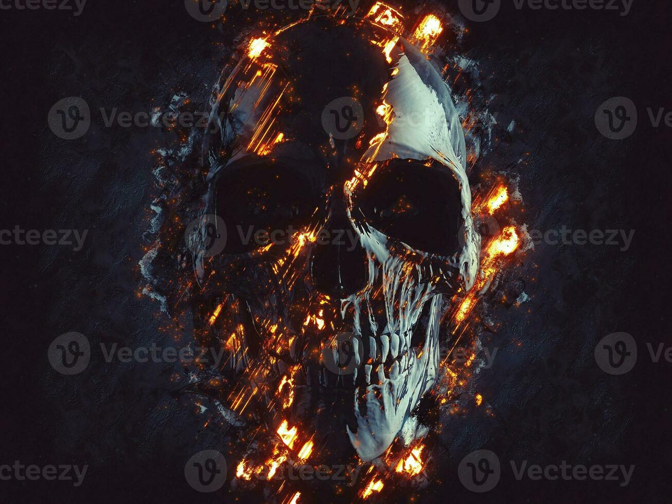 Dark black skull - glowing flames and lava photo