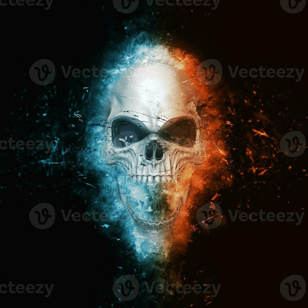 Teal and orange angry skull - fractals and cuts photo