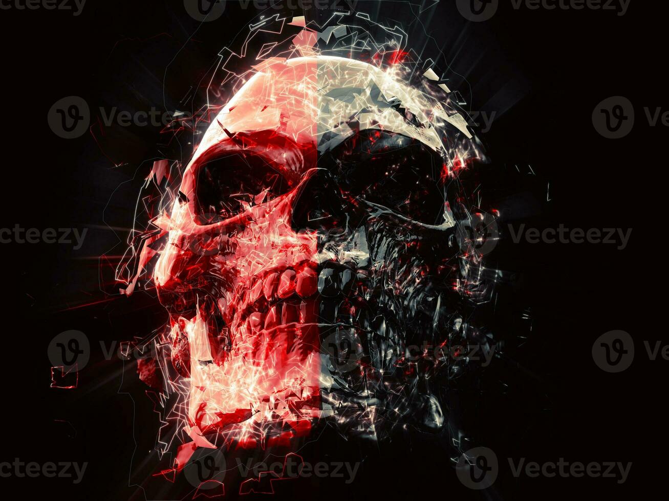 Red black split skull - broken and glowing polygons photo