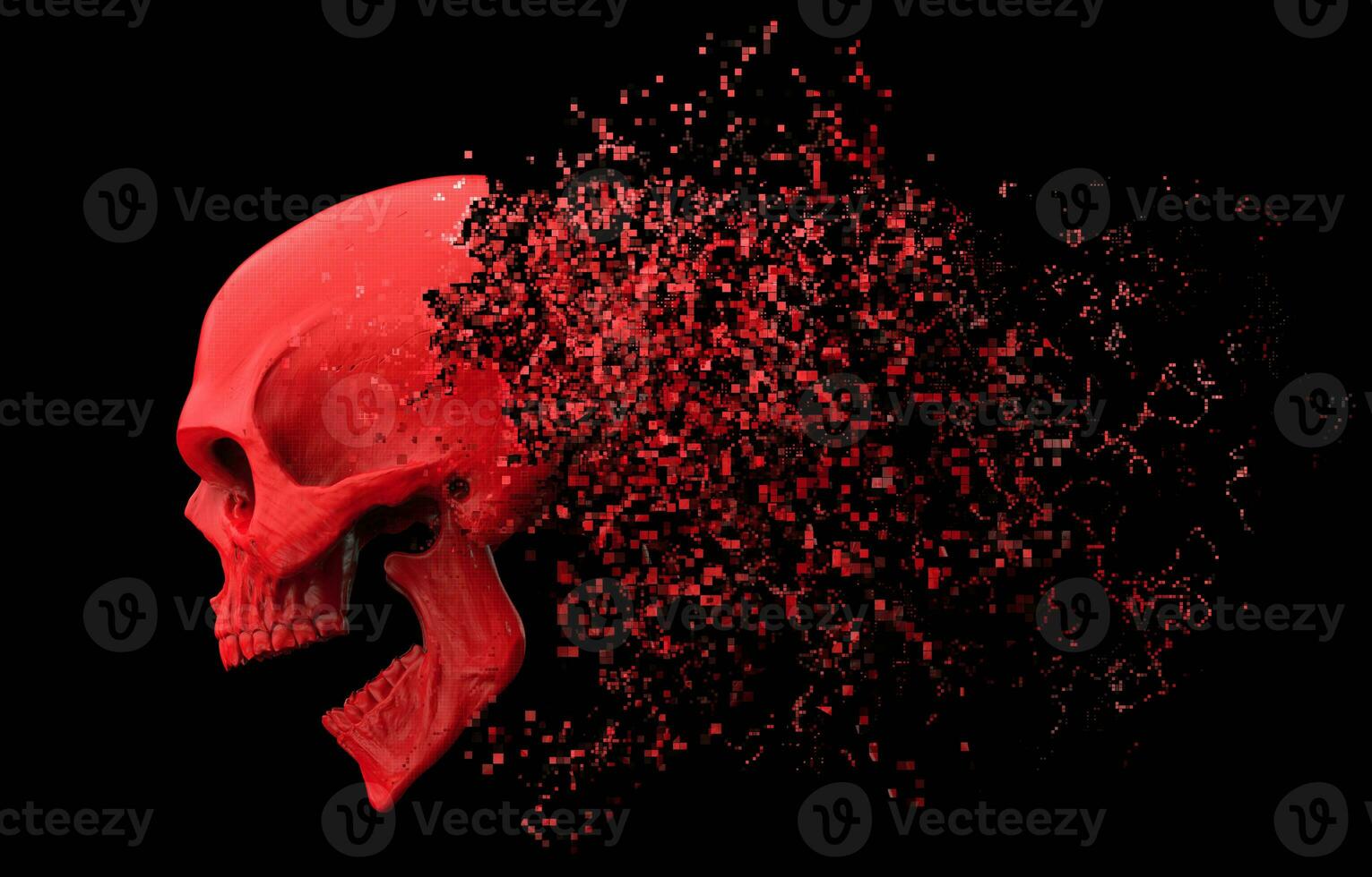 Screaming red skull disintegrating into pixels photo