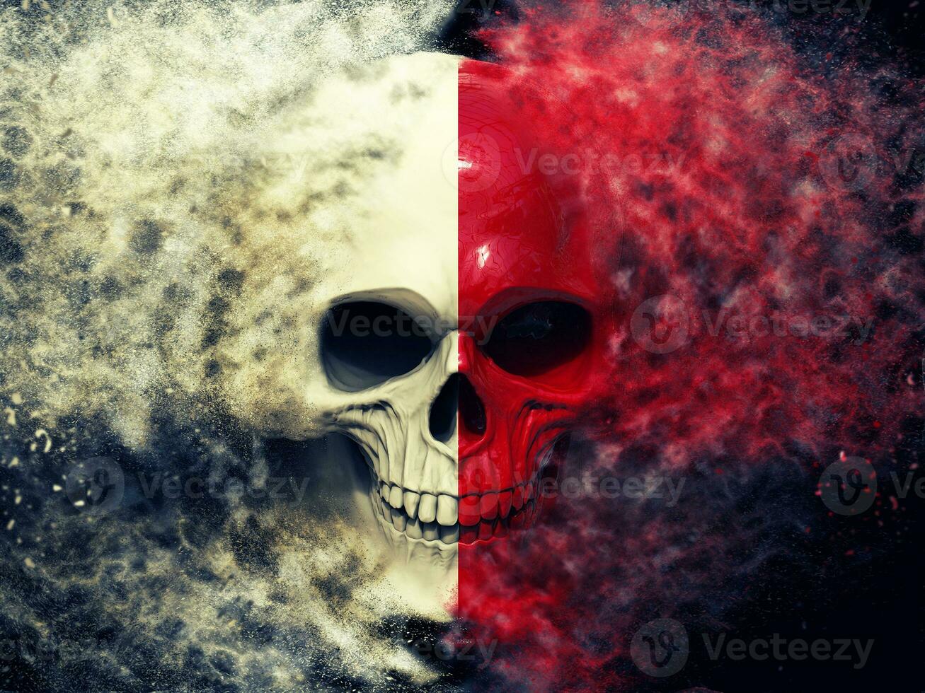 Red and white split skull forming out of dust photo