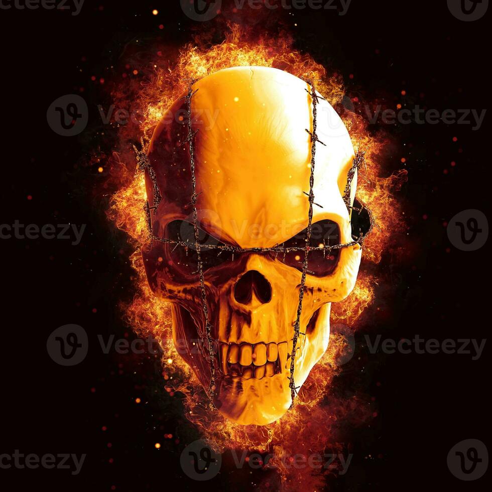 Evil vampire skull with barb fire - explosion in the background photo