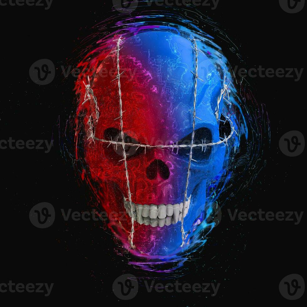 Red and blue evil vampire skull bound with barb wire photo