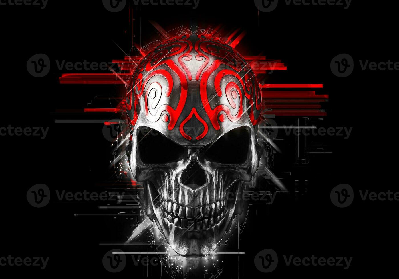 Black demon skull with red ornaments photo