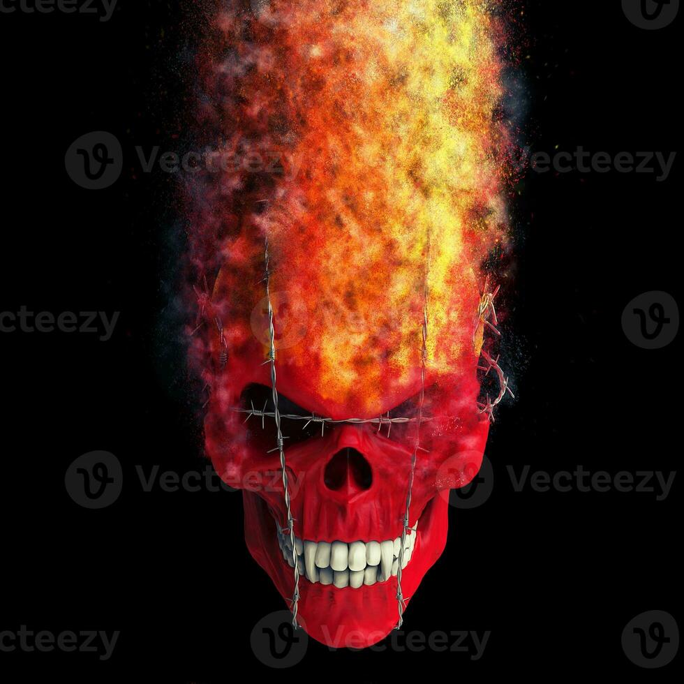 Red demon skull bound with barb wire disintegrating into dust and flames photo