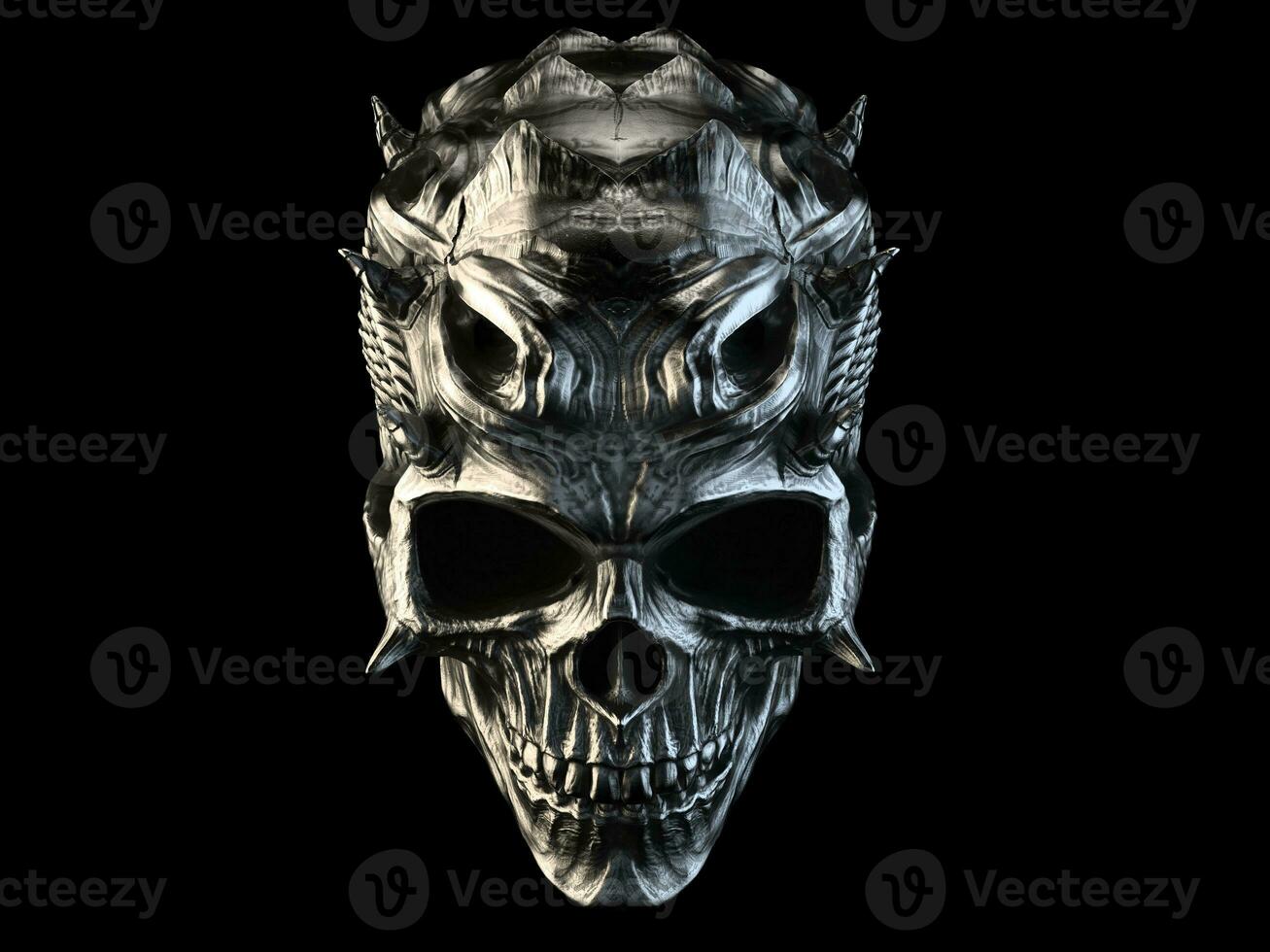 Old silver demon skull with horns and scales photo