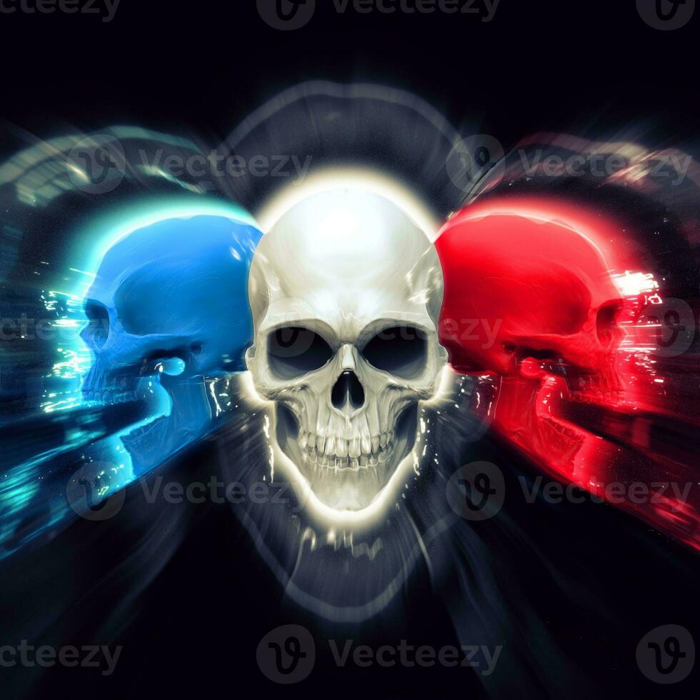 Red, white and blue skulls glowing photo