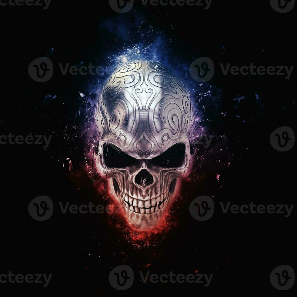 Angry old silver evil skull - 3D Illustration photo