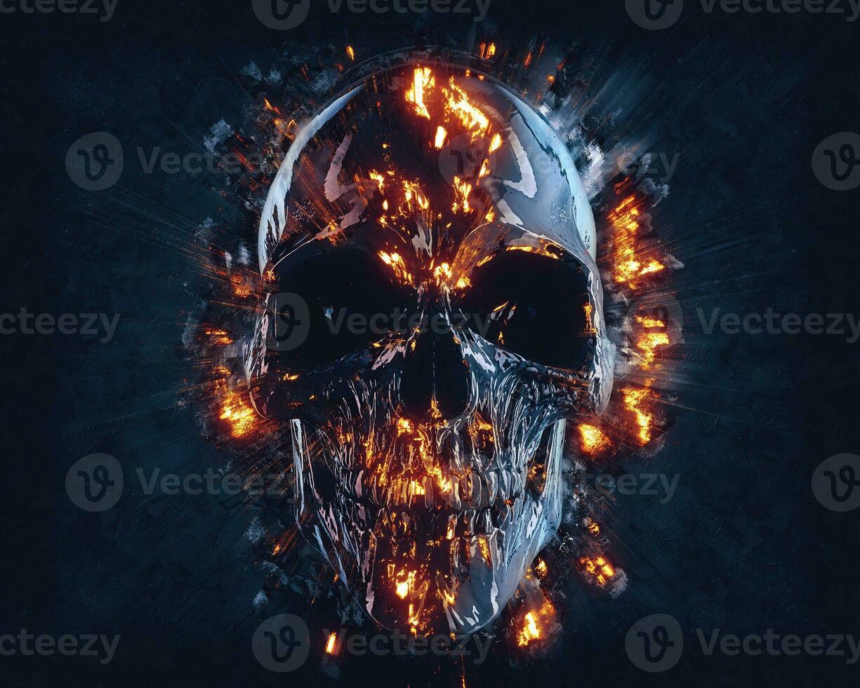 Black shiny skull with flames and explosions photo