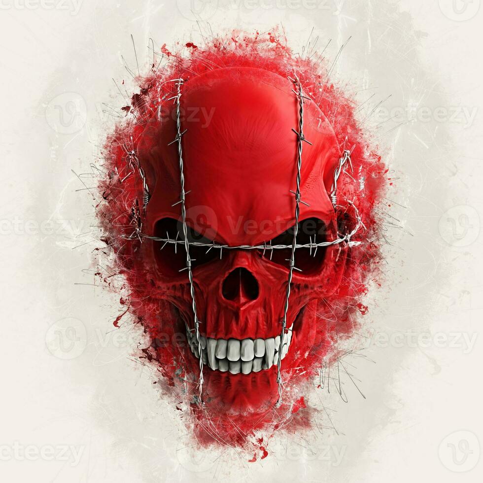 Red vampire skull bound in barb wire - paint splashes photo