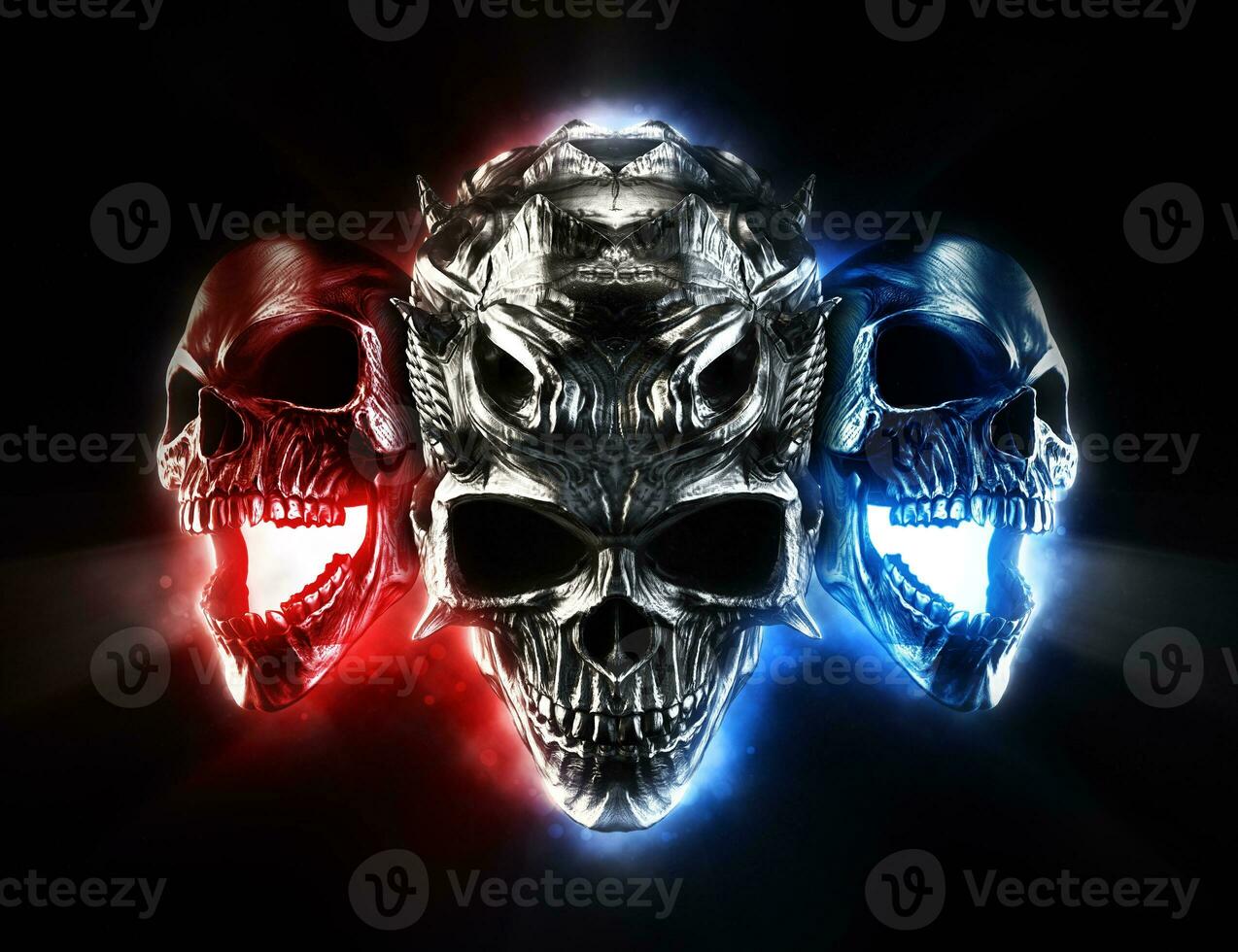 Screaming demon skulls - red, blue and metal photo
