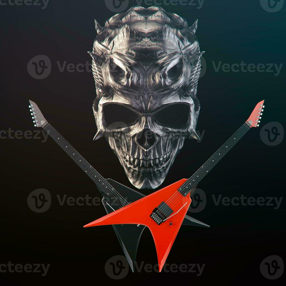 Heavy Metal - Demon skull, black and red crossed guitars photo