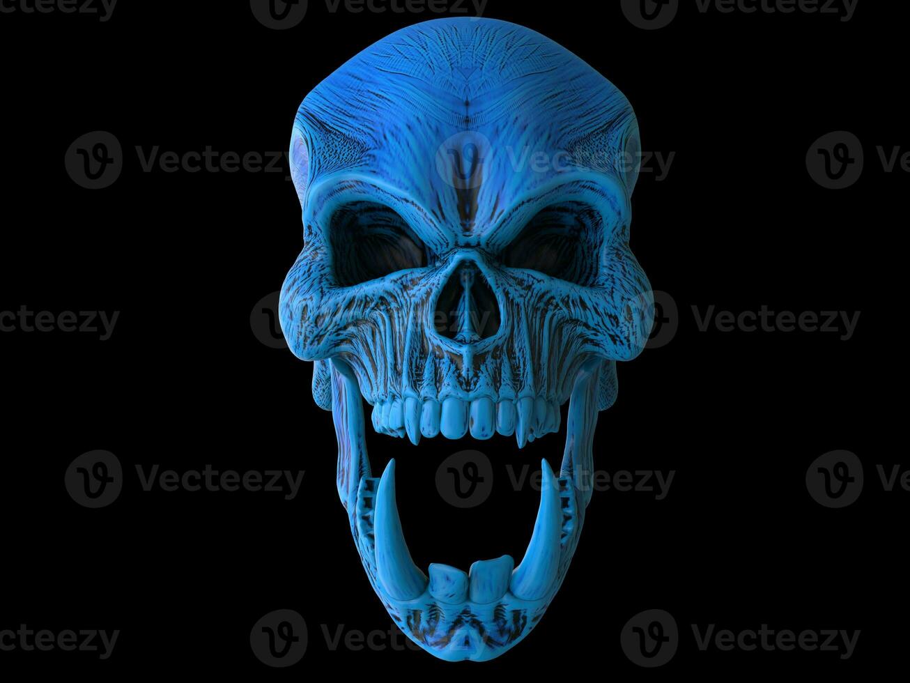 Blue angry demon skull with big and sharp lower teeth photo