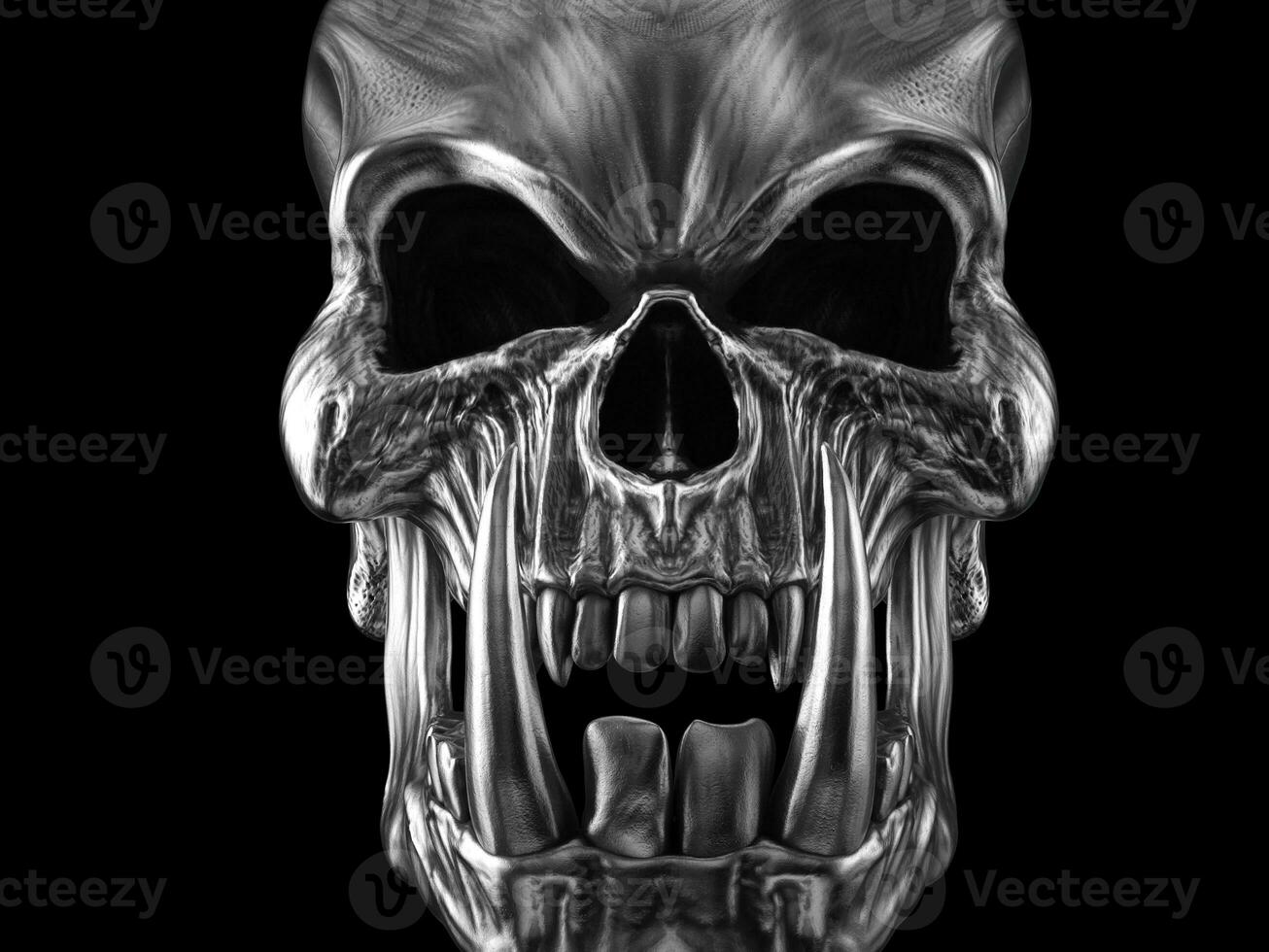 Demon orc skull with big sharp tusks - closeup shot photo