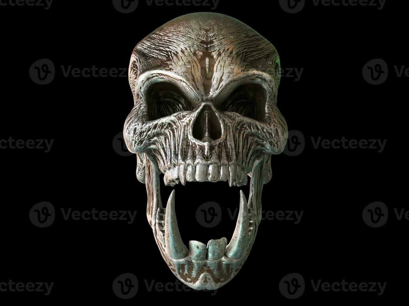 Rusted metal screaming demon skull with big sharp lower tusks photo